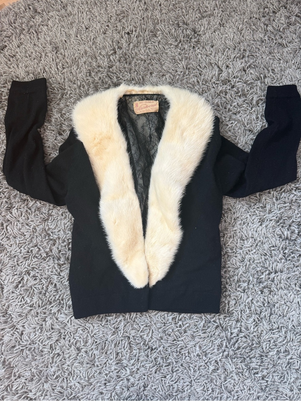 Vintage Black Sweater with Cream Fur Collar